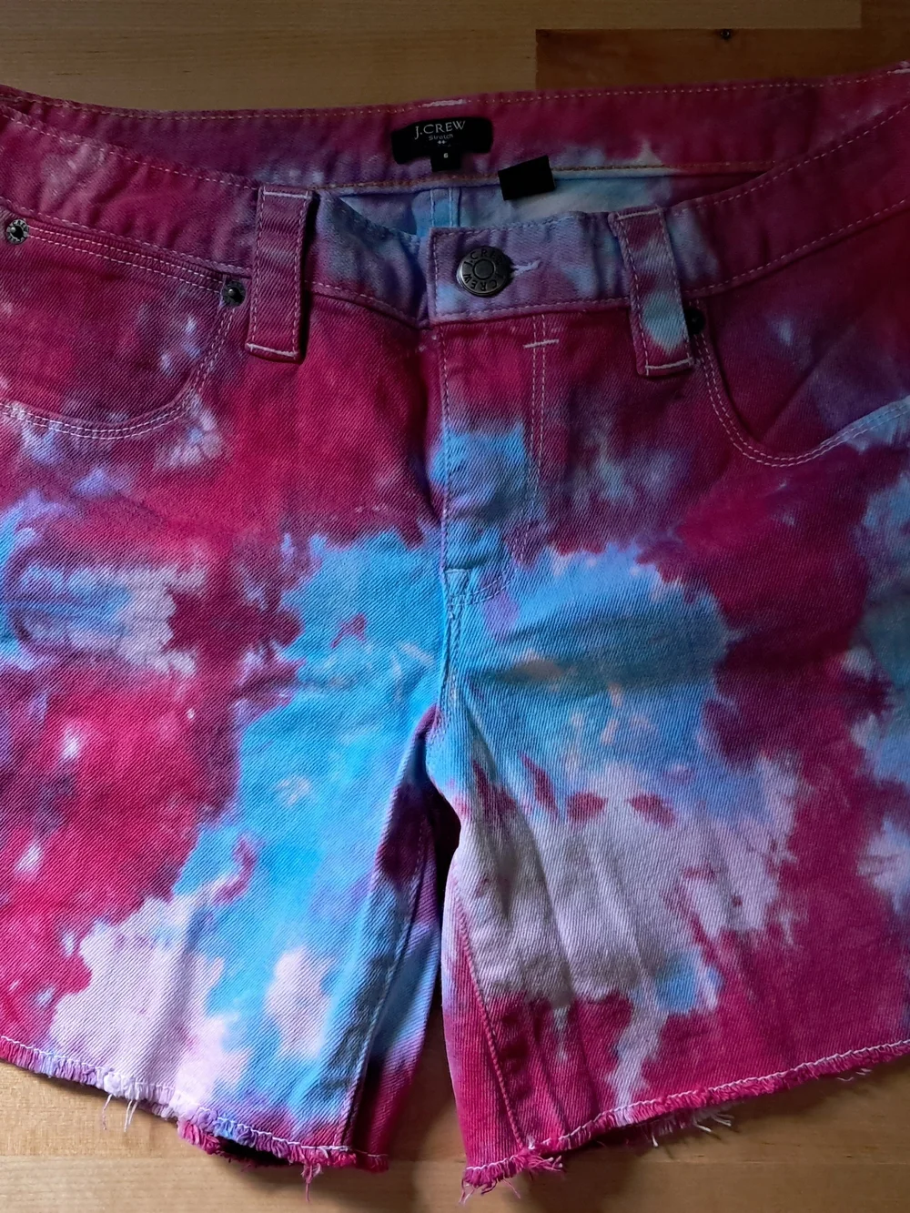 J. Crew Tie-Dye Stretch Denim Shorts in Pink, Purple & Blue